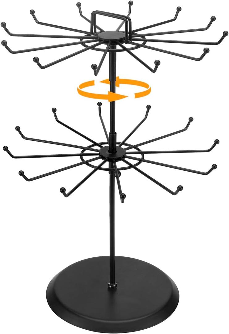 MyGift 2 Tier Black Metal Rotating Necklace and Bracelet Organizer Jewelry Stand with 24 Hooks, Multipurpose Accessory and Keychain Spinning Display Rack with Top Handle Card Holder