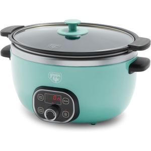 GreenLife 6 Quart Ceramic Slow Cooker, PFAS-Free, Programmable, Removable Healthy Nonstick Pot for Family Meals, Sear on Stovetop, Keep Warm, Digital Timer, Dishwasher Safe Glass Lid, Turquoise