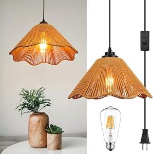 Rattan Plug in Pendant Light Set of 2 (Bulbs Included), 12"x6" Boho Hanging Lights with 13FT Black Hemp Plug-in Cord, On/Off Switch for Living Room, Bedroom, Kitchen (Umbra Wave - Black (2-Pack))