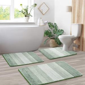 3 Pcs Ombre Bath Mat Set for Bathroom, Non Slip Ultra Soft and Thick Water Absorbent Bath Carpet, Machine Washable & Quick Dry Bathroom Rug, for Bedroom Door Living Room,Green