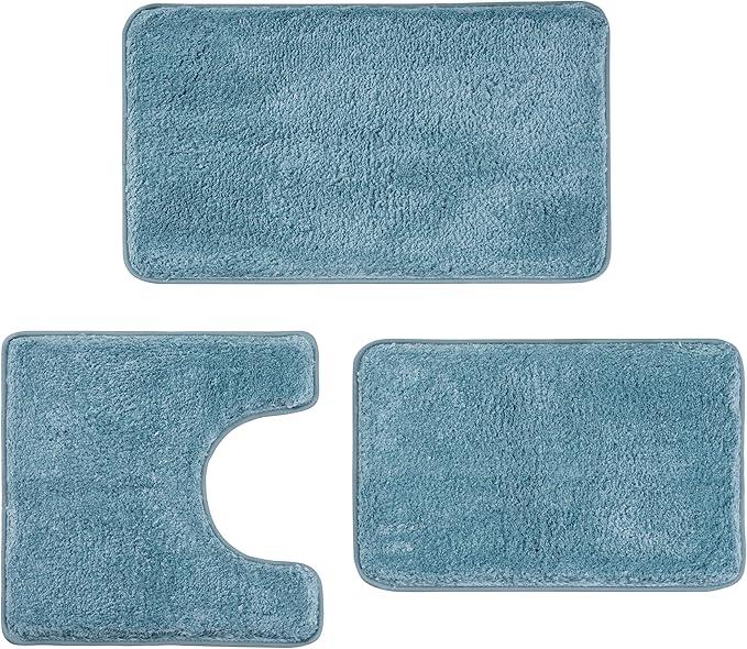 WCBSTT 3 Pieces Luxury Bathroom Rug Set with UShaped Toilet Rug, NonSlip Rubber Bottom, Thick Microfiber Fluffy Plush, Water Absorption, Quick Dry, Ultra Soft, Bath Mats for Bathroom, Tub(Sky Blue)
