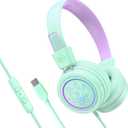 MEE audio KidJamz KJ55 Safe Listening USB-C Headphones for Children with Multicolor LED Lights, Volume Limiter, & Microphone; On-Ear Wired Kids Headset for iPhone 16, iPad, & USB Type C Devices (Mint)