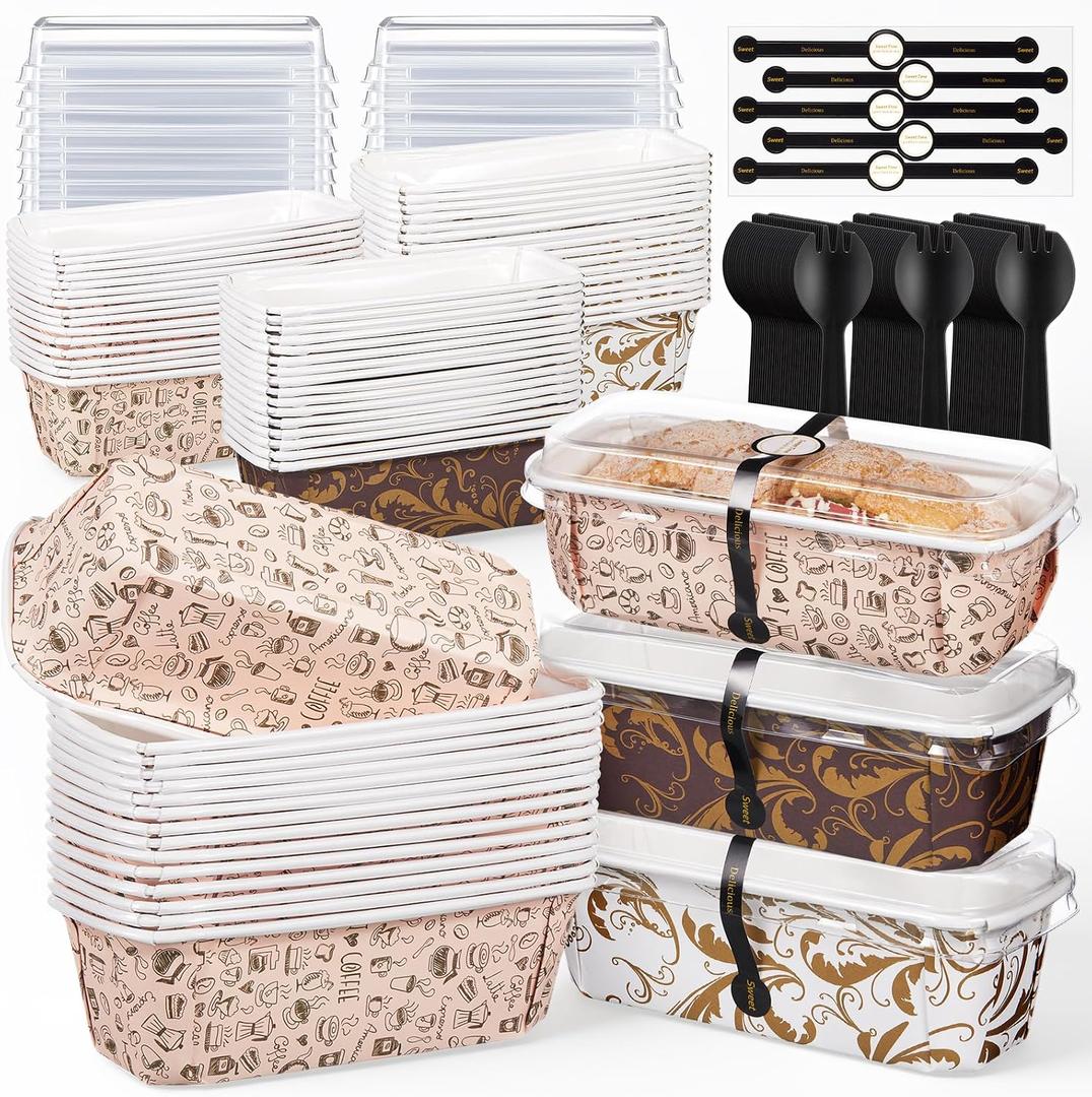 60 Pcs Paper Loaf Pan Disposable Paper Baking Pan with Lids for Cake Bread Oven Loaf Bakery Holiday Wedding Halloween Christmas Thanksgiving Gifts 6.3 x 2.1 x 2.1 Inches