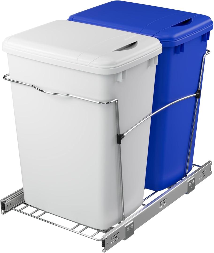 Rev-A-Shelf Double Pullout Trash Can for Kitchen Cabinets 35 Qt Garbage Recycling Bin on Full Extension Slide, Blue/White, RV-18KD-11RC-S
