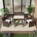 Garvee 4-Piece Patio Furniture Set, PE Rattan Outdoor Conversation Set with Cushions & Tempered Glass Table, All-Weather Wicker Patio Table and Chairs Set for Patio, Porch, Backyard, Brown and Beige