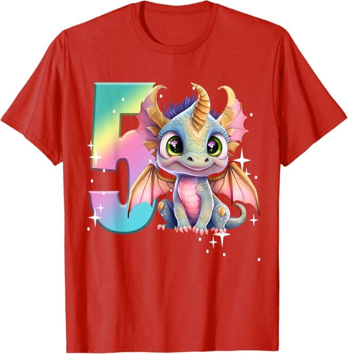 5th Birthday Shirt Girl Dragon Birthday Outfit Rainbow Five T-Shirt (Red), Size XS
