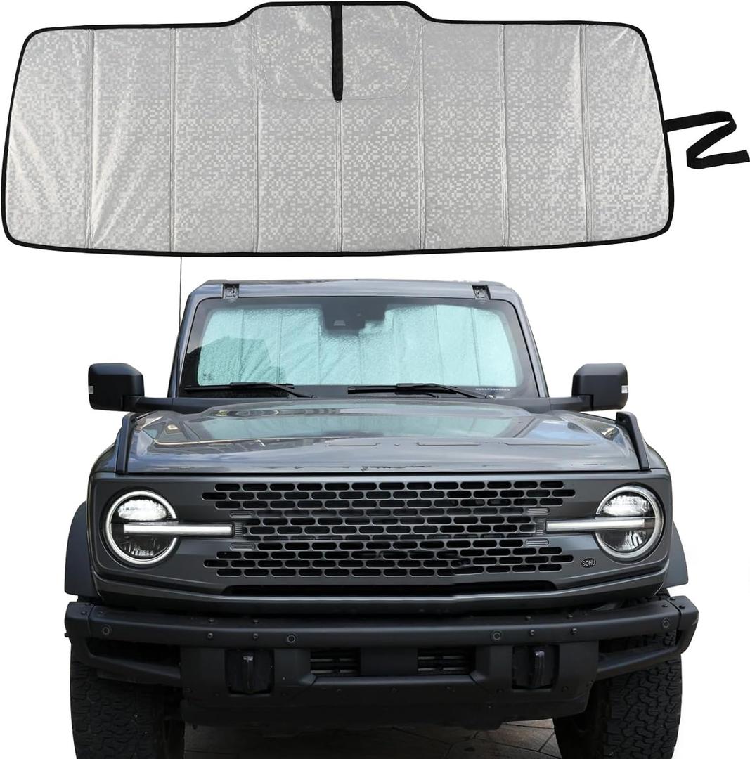 Custom Fit Windshield Sun Shade Fit for Ford Bronco 2021-2025 Foldable Front Sunshade Interior Protector, Complete Light & UV Blocking