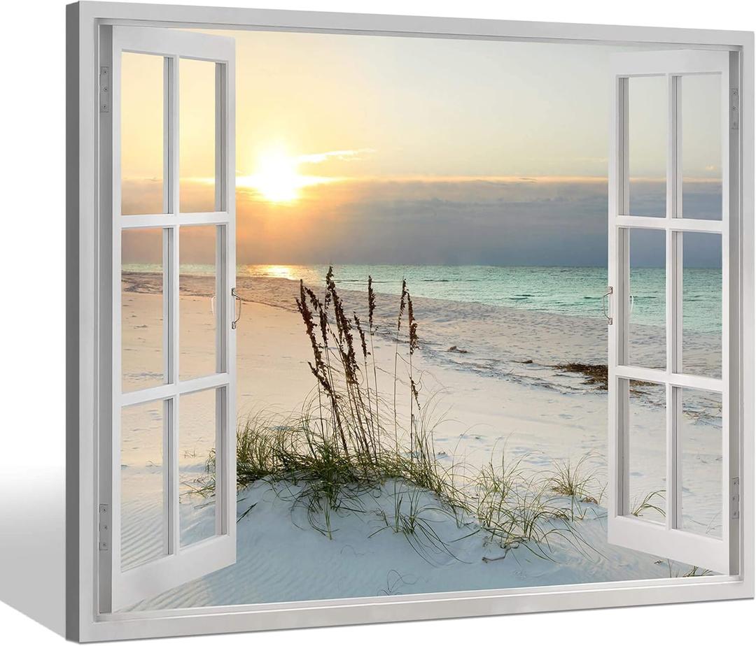 Sea Whisper Beach Window Canvas Wall art: tropical Sunrise Seascape Picture Coastal Ocean Painting Open Window Artwork Print for Bathroom Decor(12x16)