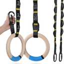 PACEARTH Gymnastics Rings 32mm Wooden Olympic Rings Support 1500lbs Locked Carabiners 9ft Double-Layer Numbered Straps Non-Slip Gym Rings with Foot Straps Door Anchor for Home Gym Full Body Workout