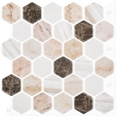 WalDecoo Brown Hexagon Peel and Stick Backsplash Tile, 10 Sheets Premium 3D-Adhesive Wall Tile Stickers, Premium Marble Kitchen Backsplash Tiles Peel and Stick（12 "×12"）.
