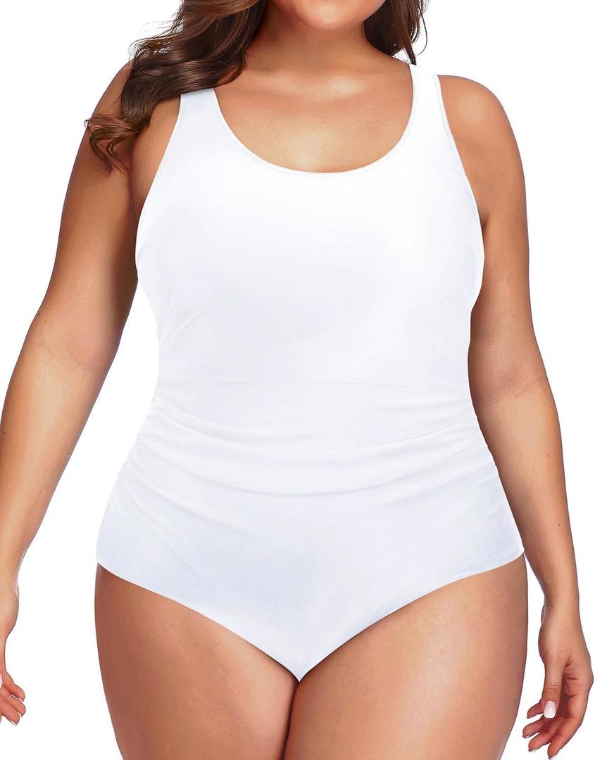 Daci Women Plus Size One Piece Swimsuit Athletic Tummy Control Ruched Bathing Suit with U-Back (White, XL)
