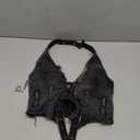 SHENHE Women's Open Back Frayed Denim Halter Top Smocked Grommet Buckle Hippie Sexy Jean Top, M