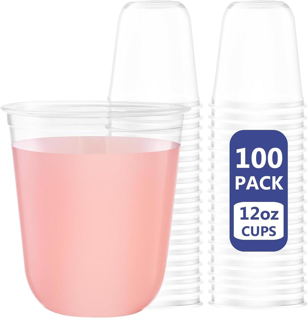 WELLIFE 12 oz Clear Plastic Cups, 100 Pcs Disposable Wine Glasses Stemless Cocktail Punch Cups for Cold Drinking Party Supplies, Easter, Father's Day