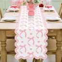 Pink Bow Table Runner 72 Inches Cute Heart Linen Fabric Scalloped Table Runner Coquette Christmas Dining Decor for Birthday Baby Shower Party Valentine's Home Decor(Bow A)