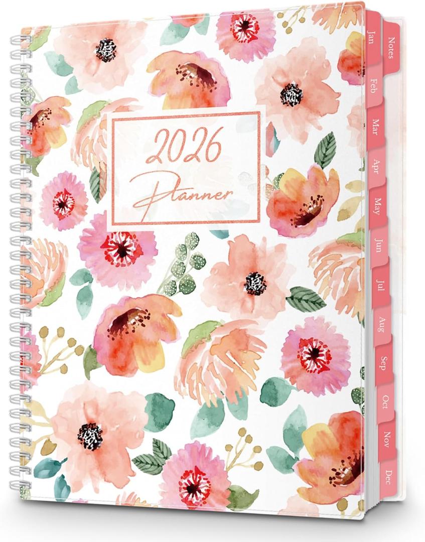 CRANBURY Large Planner 2026, 8.5x11 Weekly Monthly Calendar Agenda, Jan to Dec 2026 Daily Organizer, Floral Theme, Spiral Bound Planner with Tabs, Bookmark, Stickers, Lays Flat