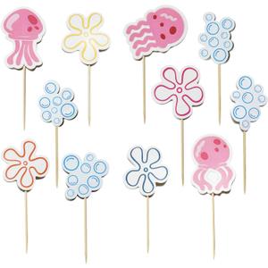 24 PCS Jellyfish Bubbles Flowers Cupcake Toppers Under The Sea Bottom Theme Cake Decorations for Wedding Bridal Baby Shower Birthday Party