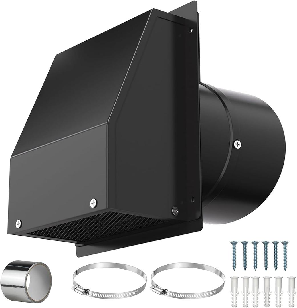 8 Inch Hooded Wall Vent Cover for Dryer Vent - Galvanized Steel Exhaust Cap with Damper & Screen, Outdoor Bathroom Fan/Range Hood Vent (Includes Tape & Clamps) (Black)