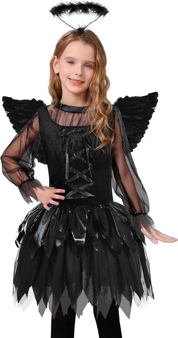 Halloween Fallen Angel Dress for Girls Cosplay Dress Dark Angel Costume with Headband and Wings (12-14 Years)