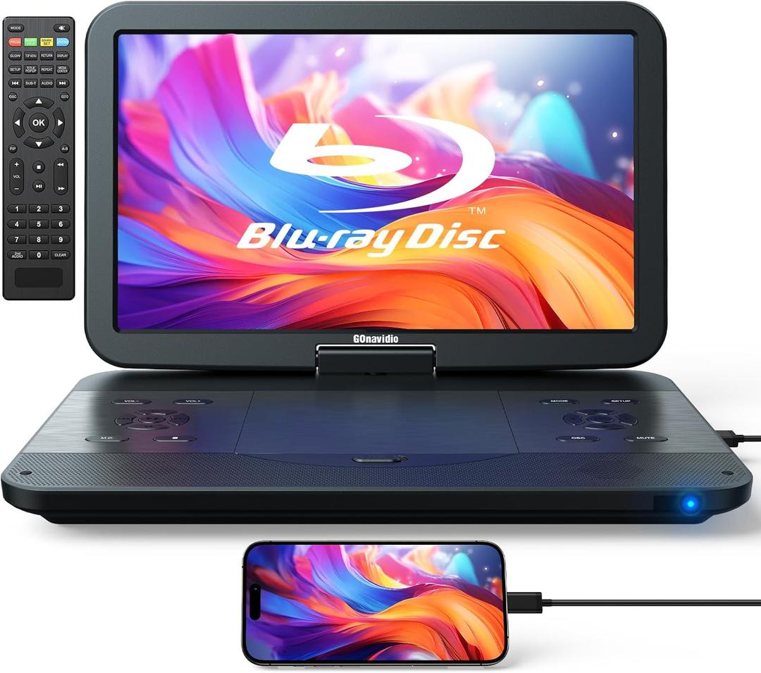 GOnavidio 17.6" Portable Blu Ray DVD Player with 15.4" Large Screen, HDMI in/Out, Sync Screen, 4000mAh Rechargeable Battery, 1080P MP4 MKV Video, Surround Audio, USB/TF Card(Include HDMI Cable)