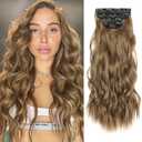 NOTICEME Clip in Hair Extensions for Women 22 Inch Long Wavy Synthetic Hair, 4PCS Thick Soft Natural Hairpieces Clip Ins (Light Brown)