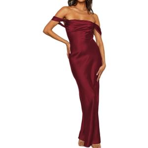 Realtix Elegant Satin Off The Shoulder Ruched Backless Maxi Dress for Women Strapless Tube Sleeveless Bridesmaid Dresses (Small, Wine)