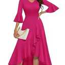 HomRain Women's Formal Dresses 3/ 4 Sleeve Cocktail Dress Vintage Ruffle V-Neck Wedding Guest Casual for Gown Evening Party Rose XL