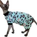Sphynx Cat Four Leg Cotton Pajamas Elastic Pet Clothes for Hairless Cats Surgery Recovery Suit Undershirt Thermal Clothes for Sphynx, Devon, Cornish (Mint Leopard, M (5.5-6.6 lbs))