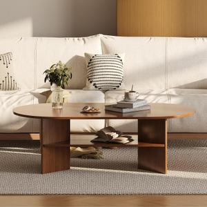 Oval Coffee Table with Storage, Modern Wood Coffee Table for Living Room, 2 Tier Center Table, 47" x 23.6" x 15.7"