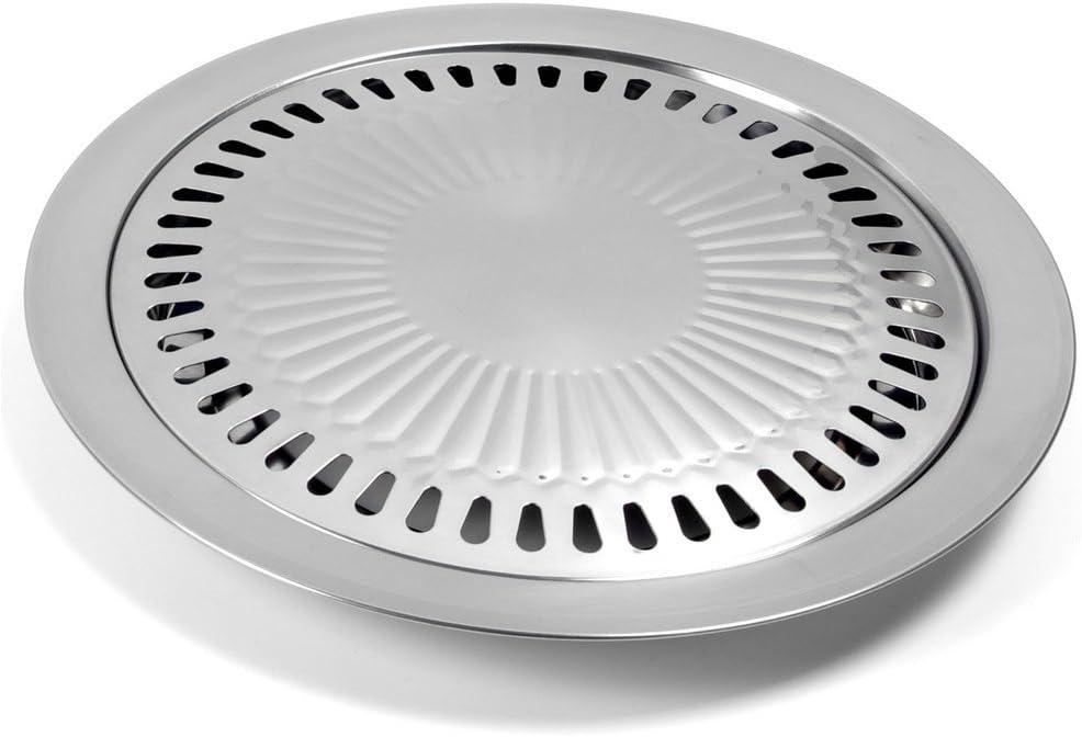 Korean Style Stovetop,Stainless Steel Non-Stick Roasting Round Barbecue Grill Pan for Indoor Outdoor Camping BBQ, Cooking Delicious Roasting Food(30cm x 30cm x 2.8cm) (silver-type 3)