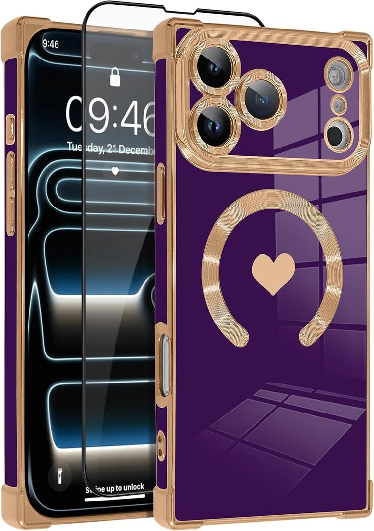 OOK Magnetic Case for iPhone 17 Pro Max 6.9 Inch [Wireless Charging Compatible] Soft TPU Heart Design Phone Cover with Screen Protector Shockproof Protection Slim Case for Women - Purple (Purple (NO Strap))