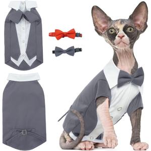 DENTRUN Cat Tuxedo Suit with Two Bow Tie, Stylish Cat Shirt Formal Outfit, Hairless Cat Fashion Apparel Fancy Clothes, Kitten Formal Attire Wedding Onesie Costume for Cats Only (Medium, Grey)