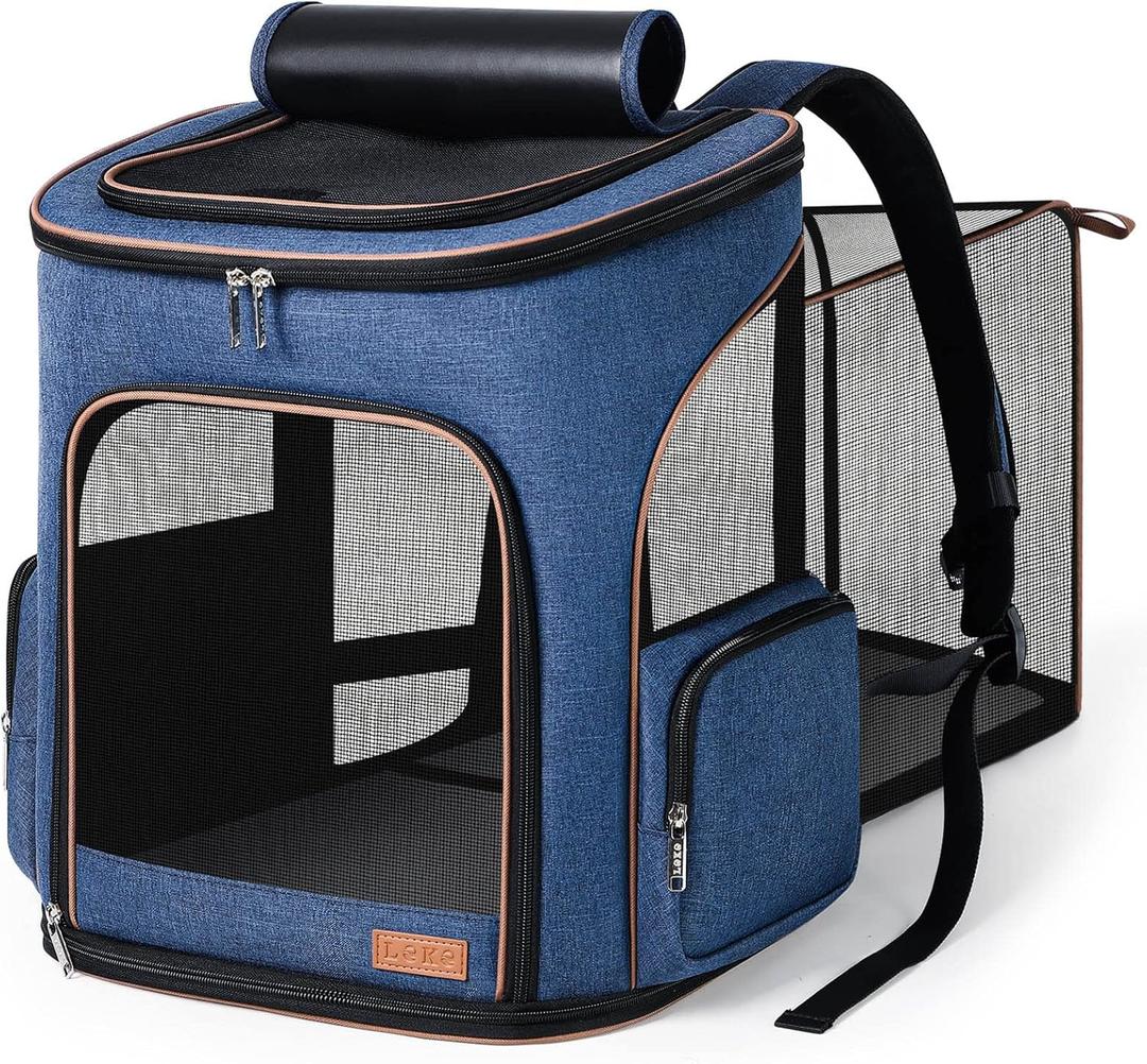 Lekereise Large Cat Backpack Carrier Fit Up to 20 25 Lbs, Expandable Pet Carrier Backpack Foldable Dog Backpack Carrier, Blue (24.4"L x 14"W x 16.2"H)