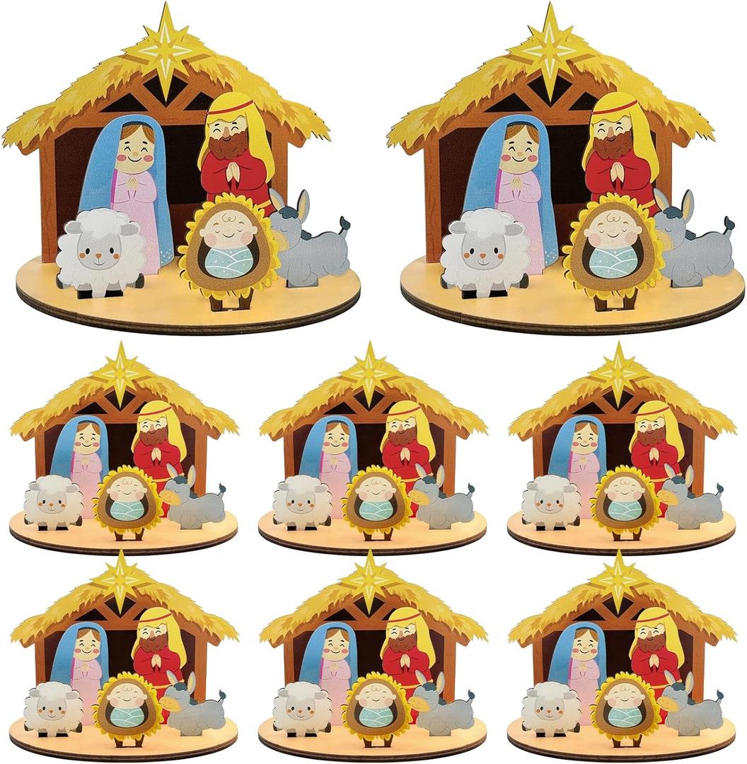 Cinrobiye 6 Set Nativity Scene Wood Art Craft Kit Christian Christmas Party Decorations DIY Religious Jesus House Wooden Tabletop Display for Advent The Birth Party Favor Game Christian Birthday Gift