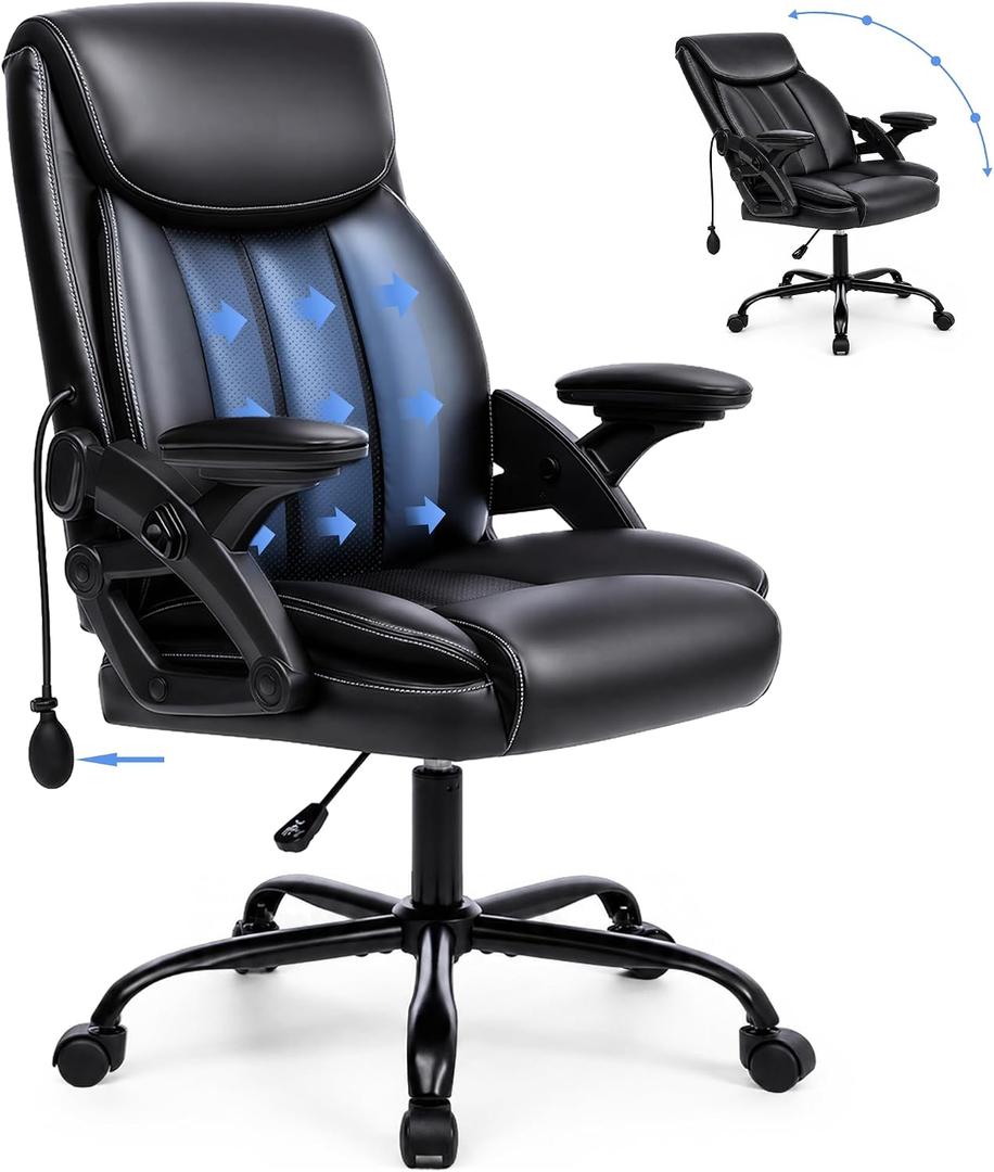 Ylzyxal Office Chair with Airbag Lumbar Support, 90°-160° Reclining Executive Desk Chair for Long Hours Sitting, Adjustable Height & Armrests, Black