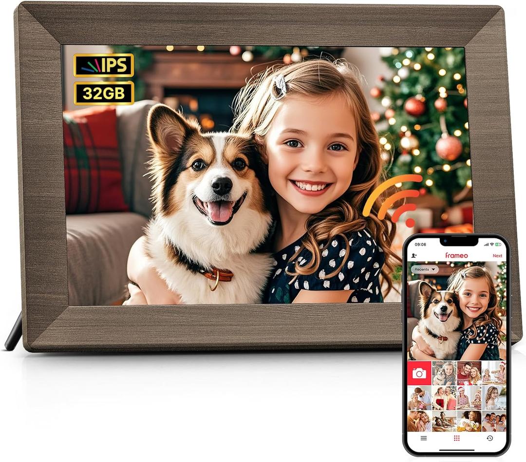 Frameo 10.1" Digital Picture Frame, Smart WiFi Digital Photo Frame with 1280x800 HD IPS Touch Screen 32GB Memory Auto-Rotate Wall Mounted, Share Photos/Videos from Phone Anywhere(Gray Wood)