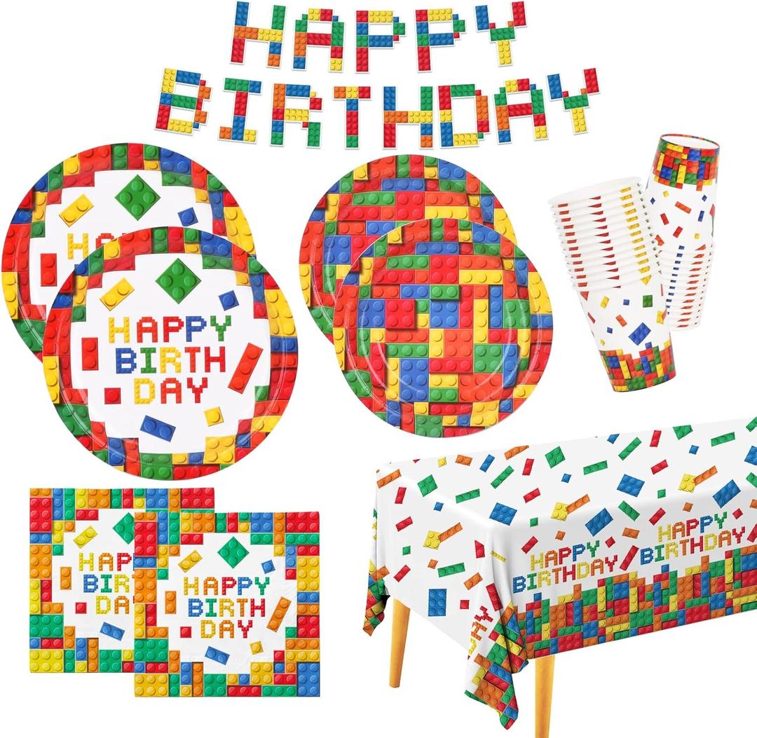 Building Block Party Supplies Paper Plates Napkins Cups Tablecloth Banner for Colorful Building Block Birthday Party Decorations for Boys, Kids Birthday Party Decorations Serve 25