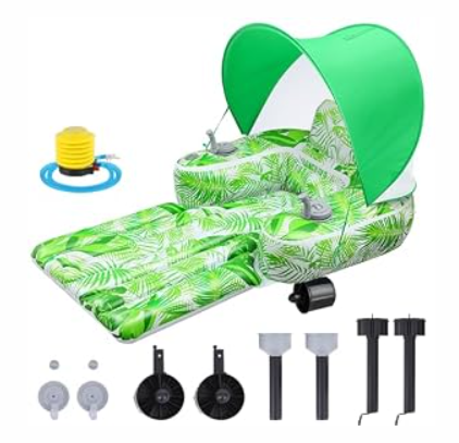 Motorized Pool Float for Adults with Canopy, Inflatable Pool Lounger with Dual Motors, Cup Holders, Foot Pump, Raft Holds up to 220lb, Electric Floaty for Lake Summer Water