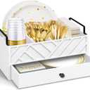 Paper Plate Holders With Drawer.Paper Plate Dispenser Organizer For Utensil Holder For Party.Wood Silverware Utensil Caddy For Kitchen Counter With Handle. Rustic Hosting Essentials For Flatware (White-carved)