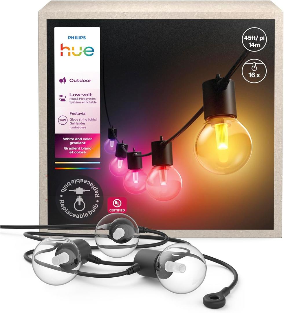 Philips Hue Festavia Globe Outdoor String Lights, White & Color Ambiance, 45ft,16 Bulbs, Dimmable, Control with Hue App or Voice, Bridge Required