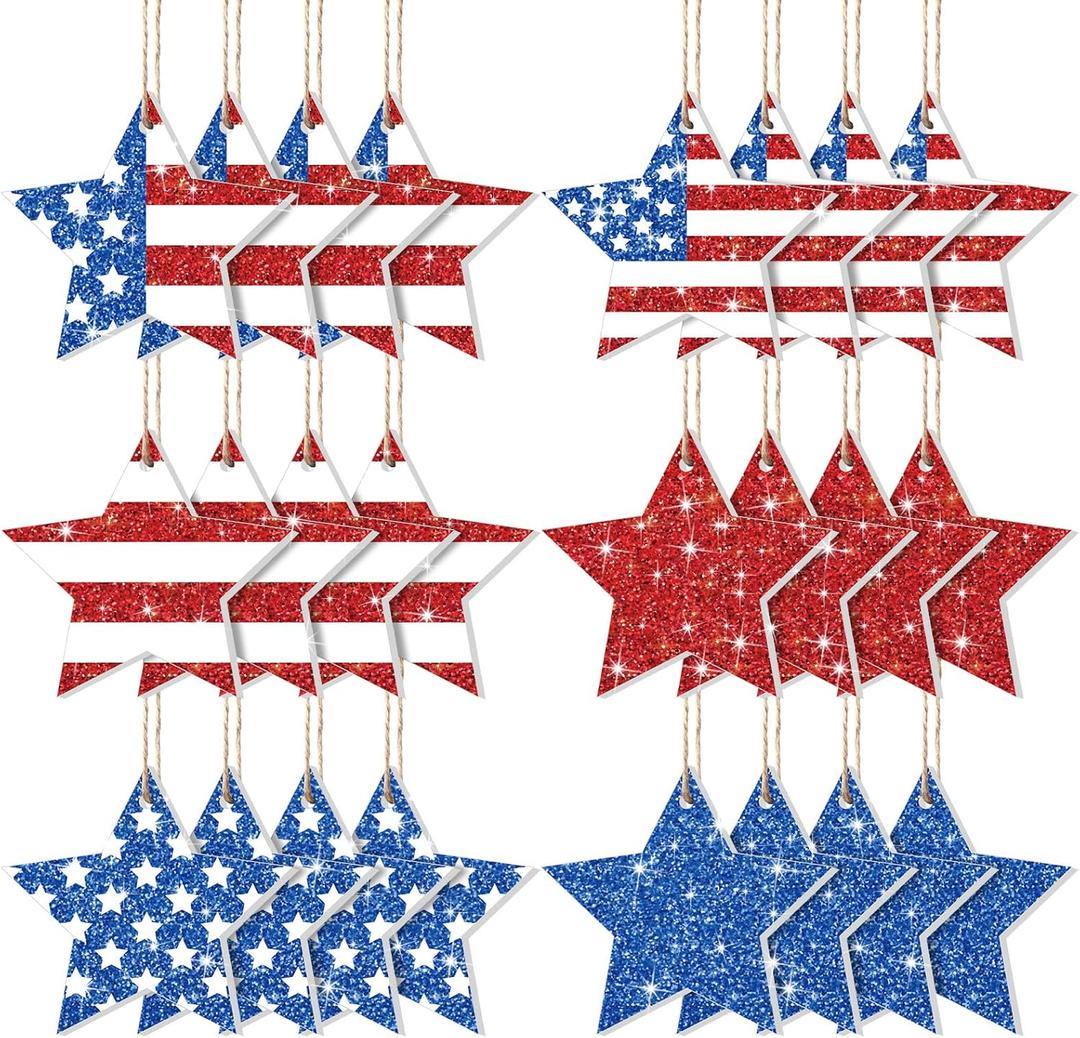 Vercraft 24 Pcs 4th of July Star Ornament for Tree 250th Anniversary Decor Wooden Independence Day Red White Blue Tree Decor Patriotic Hanging Ornaments for Memorial Day Party Home Office Decoration