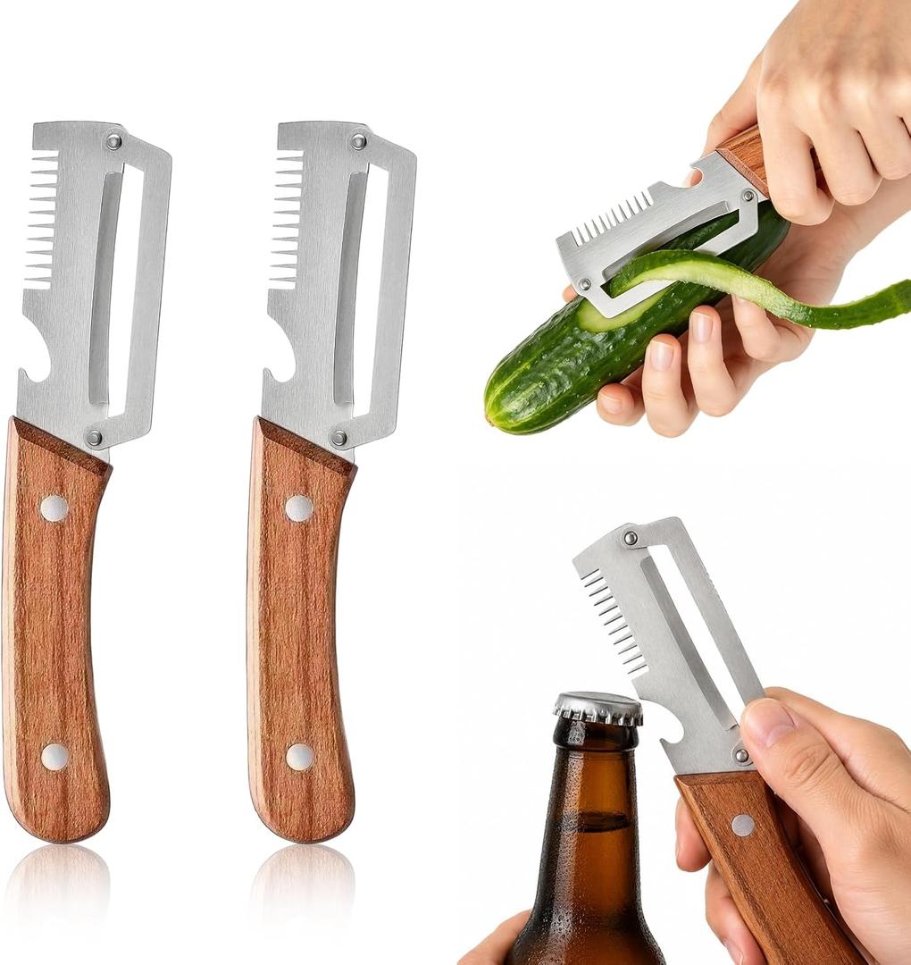 2 x Vegetable Peeler with Wooden Handle and Bottle Opener,2026 Upgrade Multifunctional Stainless Steel Peeler,Vegetable Peeler for Kitchen,Suitable for Vegetables or Fruits that Need to Be Peeled(2PCS)
