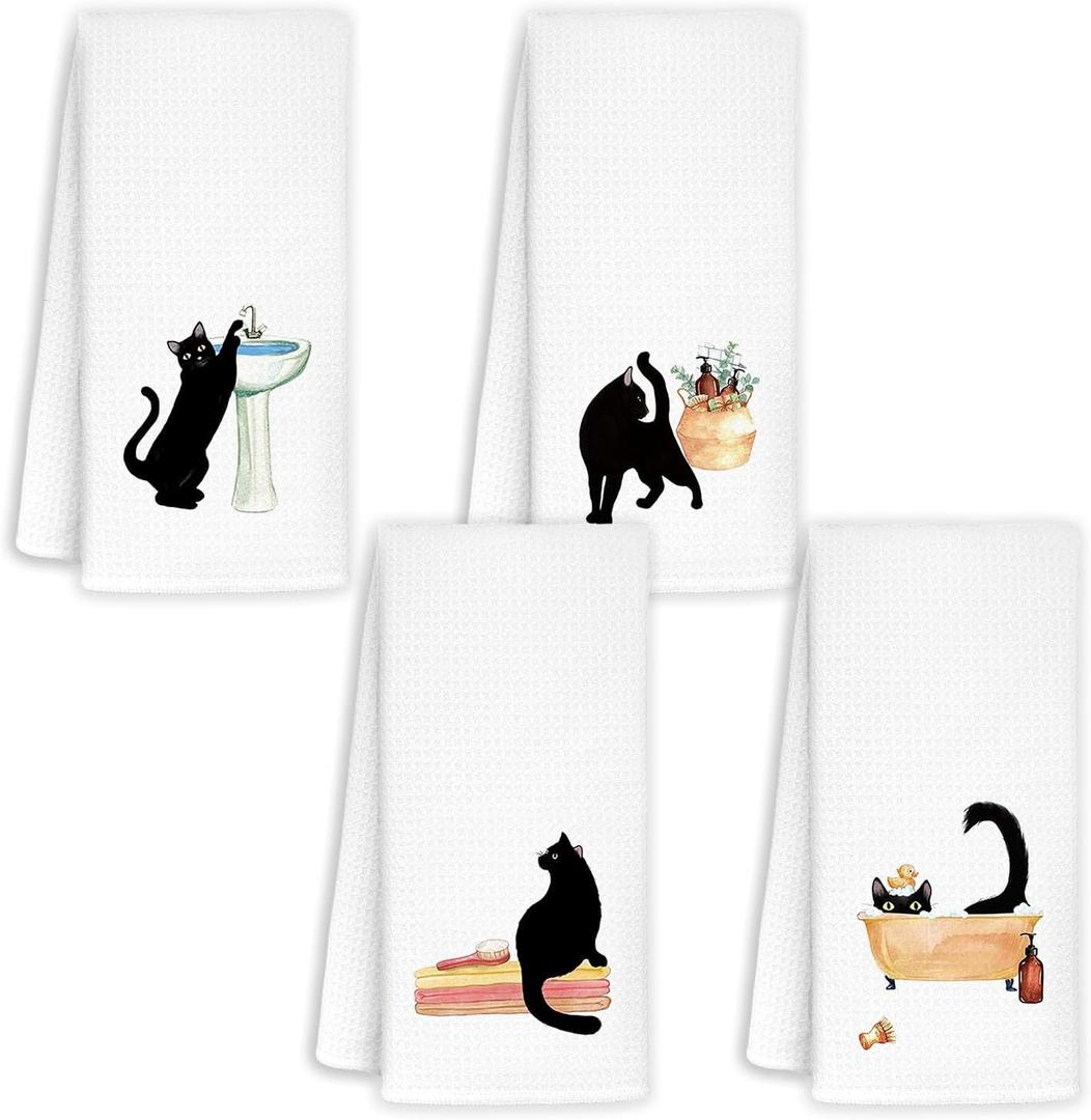 2 x Jvpke Funny Black Cat Decorative Hand Towels for Bathroom Set of 2 - Black Cat Gifts for Women Kids Men Her Girls Friends Teacher Adults, 1624 Inch, Small