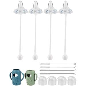Sippy Cup Conversion Kit with Silicone Sleeves for Dr Browns Narrow and Narrow Glass Baby Bottle 4oz, Weighted Straw Replacement Kit with Soft Straw Top and Handle,4-Pack，6m+