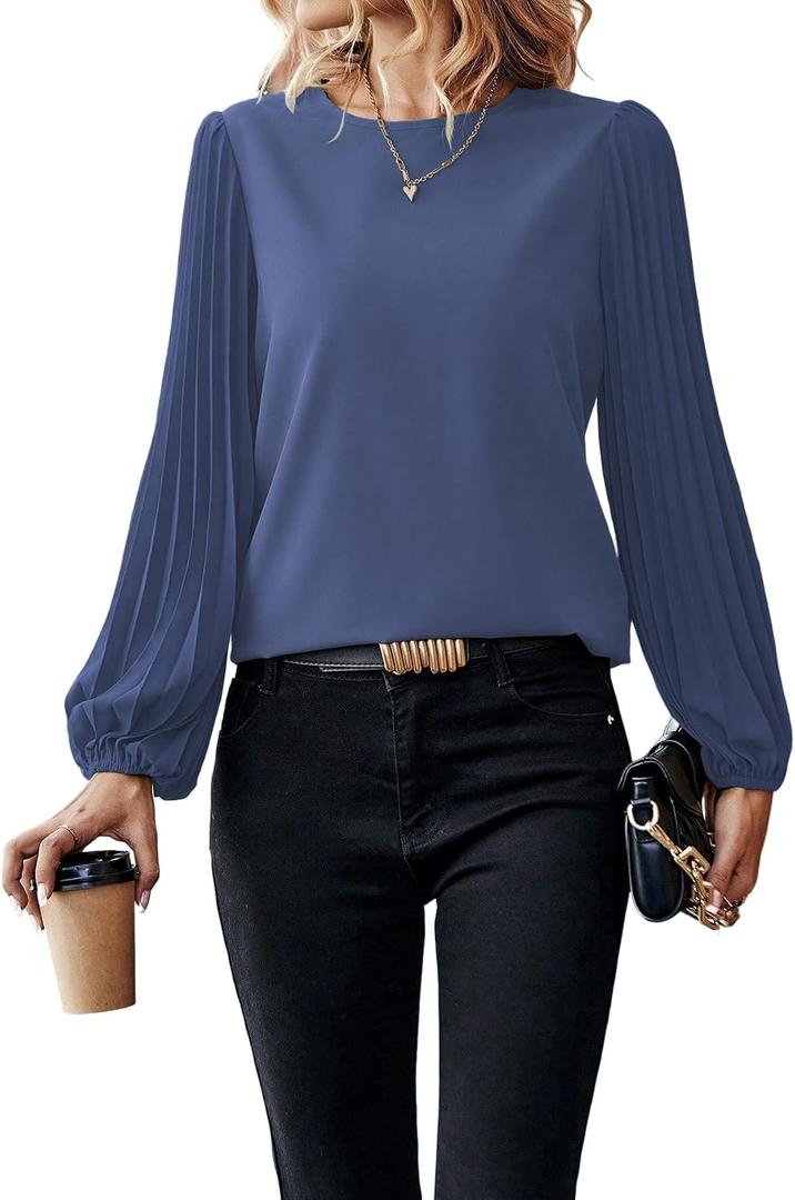 Samefar Womens Pleated Lantern Sleeve Lace Tops Dressy Casual Crewneck Fall Loose Fit Business Work Chiffon Blouses (Blue, S)