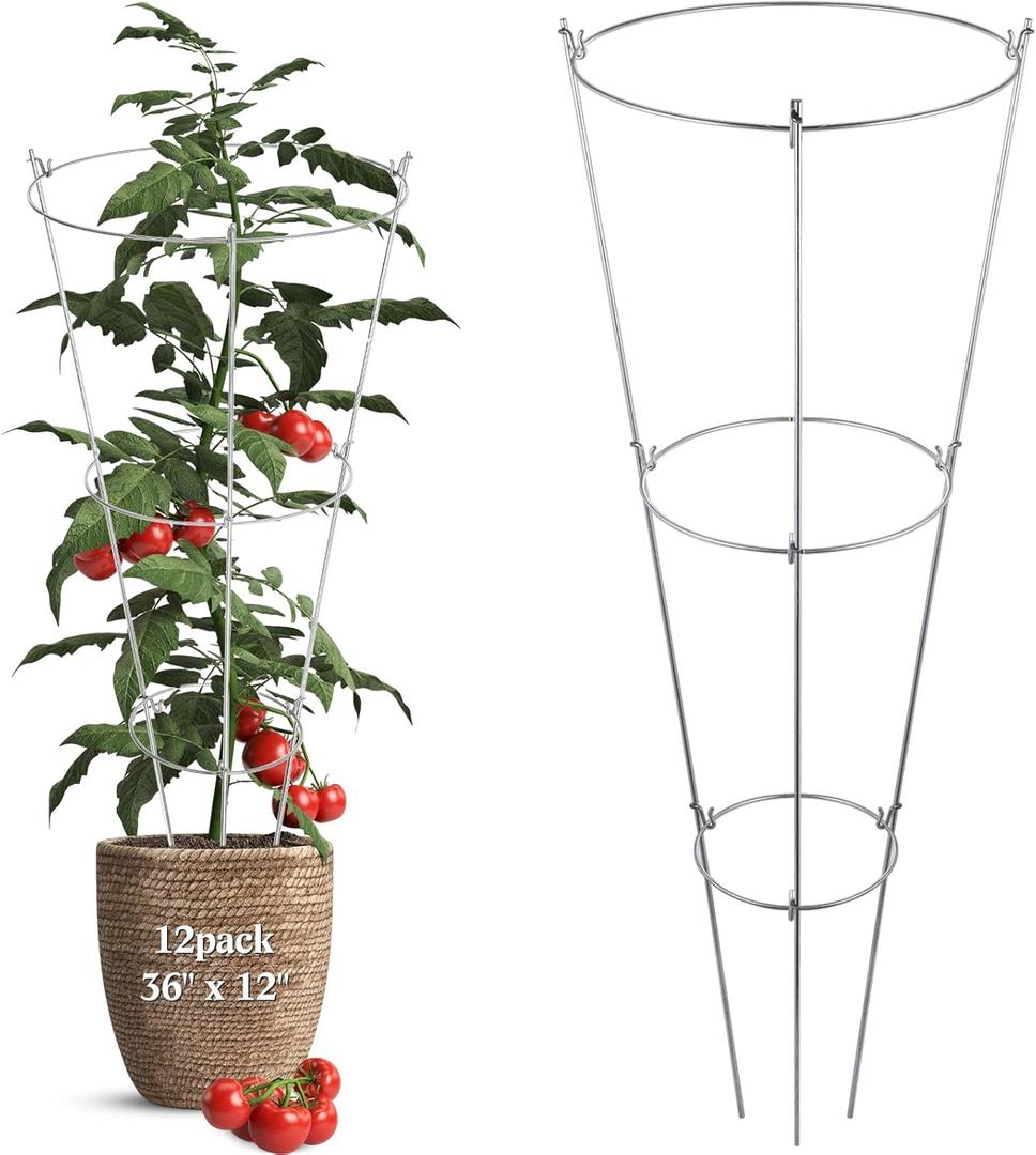 12 Pack Folding Tomato Cages Metal Plant Support Rings Heavy Duty Tomato Plant Support Cage Galvanized Garden Cucumber Trellis Ring for Garden Climbing Plants Flowers Fruits(36 x 12 Inch)