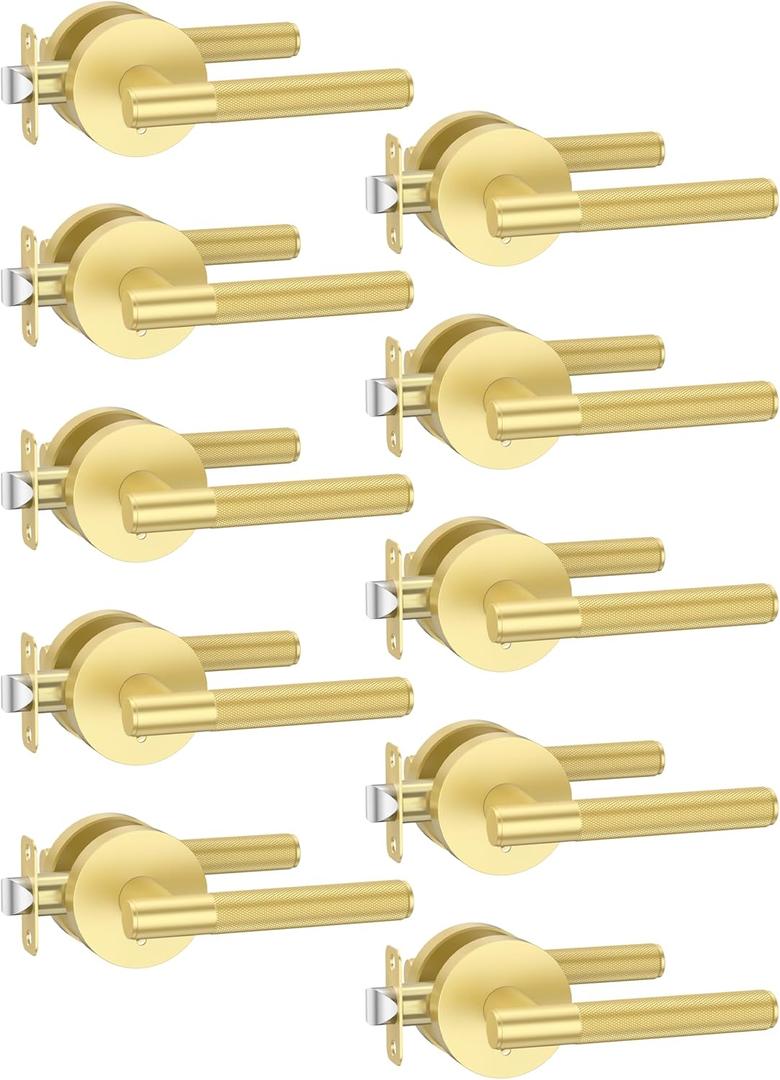 Asidrama 10 Pack Privacy Gold Door Handles, Door Lever with Door Knobs Indoor for Bedroom or Bathroom, Heavy Duty Brushed Gold Door Handles Interior with Locks for Left Right Sided Doors ZR02-124