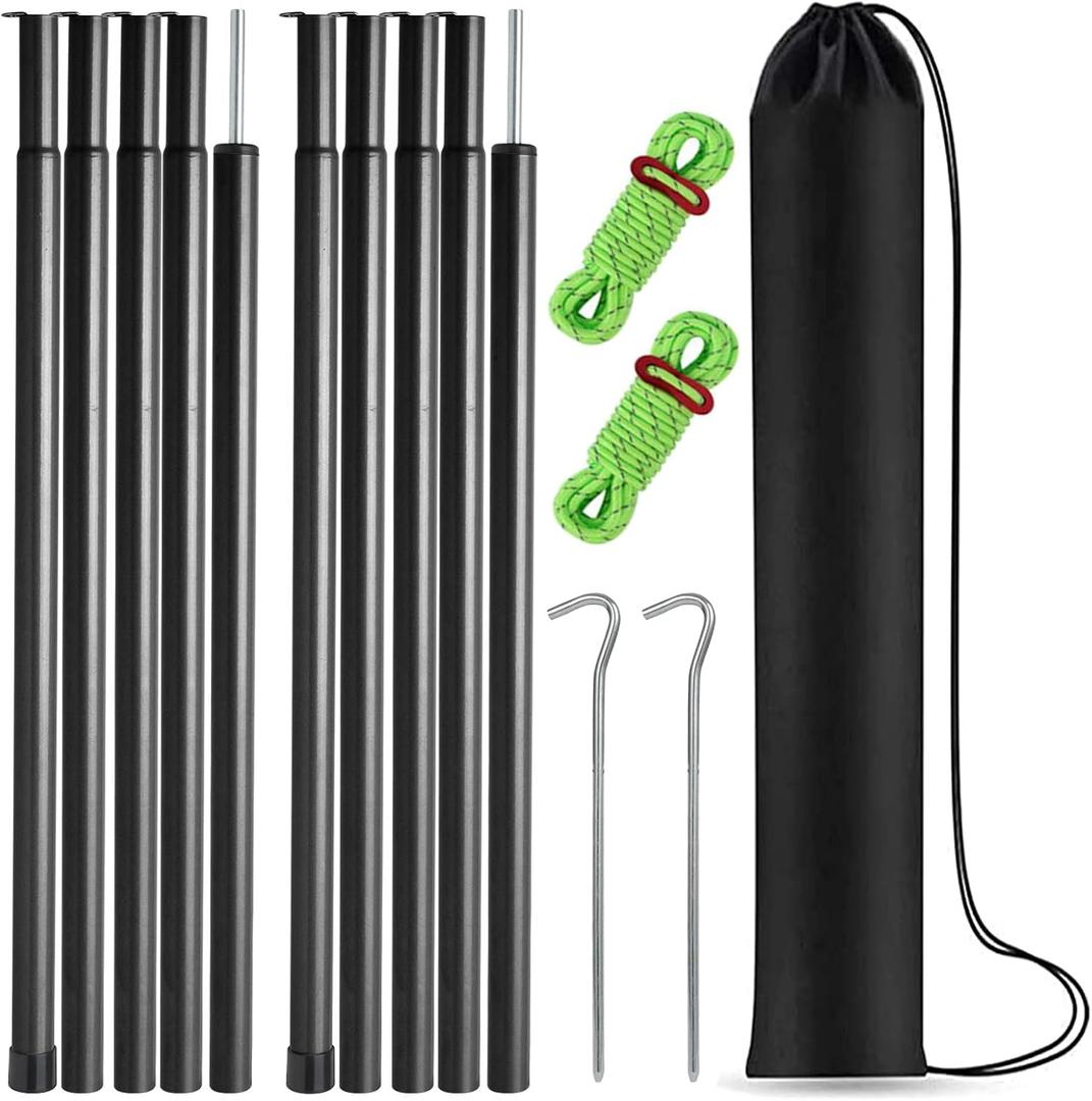 Tent Poles Adjustable Tarp Poles Steel Rods for Tarp Canopy Camping Replacement Set of 2 +Pegs & Reflective Ropes (Black)