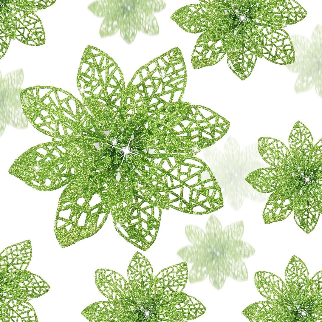 Boao Green 24 Pieces Poinsettia Flower Christmas Glitter Artificial Poinsettia with Clips Christmas Tree Ornament Decorations for DIY Xmas Wreath Holiday Home Party Decor, 3/4/6 Inches