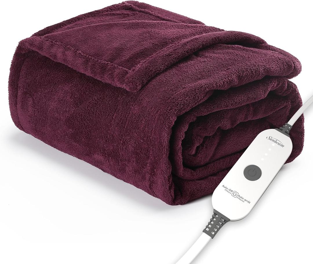Sunbeam Electric Throw Royal Luxe Microplush Heated Blanket, 4 Heat Settings, 4-Hour Auto Shut-Off, Fast Heating, Warm and Cozy, Cabernet Red Color, 50" x 60"