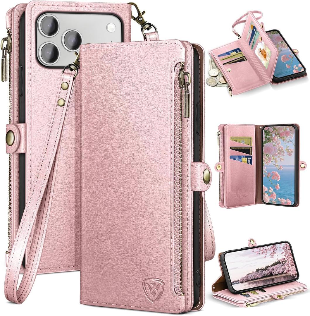 XcaseBar Compatible with iPhone 17 Pro 6.3" Wallet case with Zipper Credit Card HolderRFID Blocking,Flip Folio Book PU Leather Phone case Shockproof Cover Women Men for Apple 17 Pro case Rose Gold